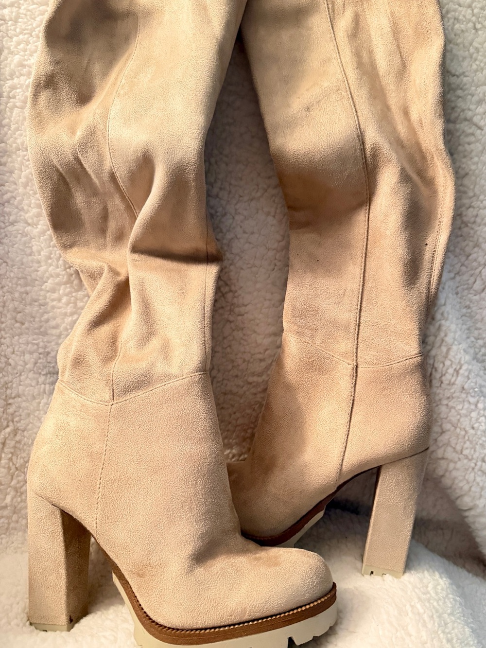 JLO Beige Suede High-Heel Platform Knee-High Boots